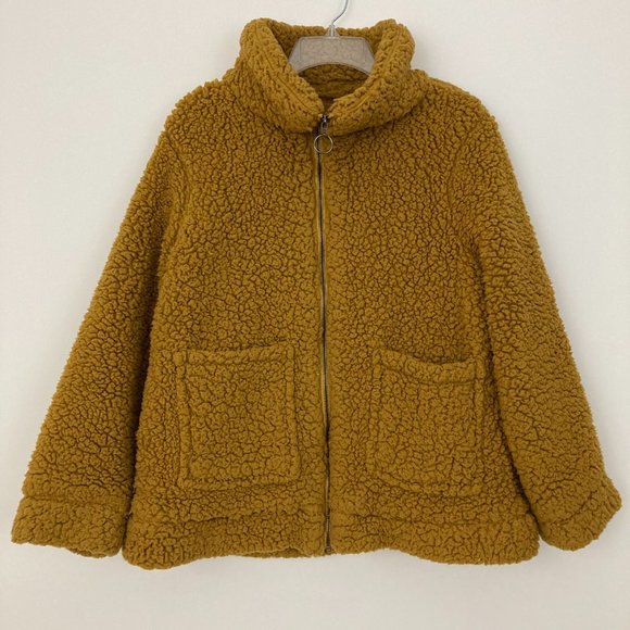 Madden Teddy Bear Jacket Size L Mustard Full Zip Pockets Lined Long Sleeve - Picture 4 of 13